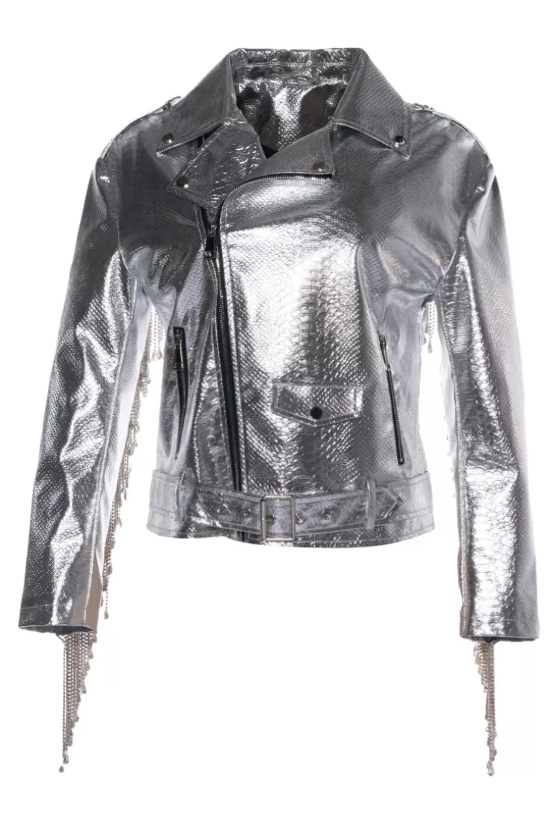 Women AZALEA WANG Space-Case Crystal Fringe Moto Jacket