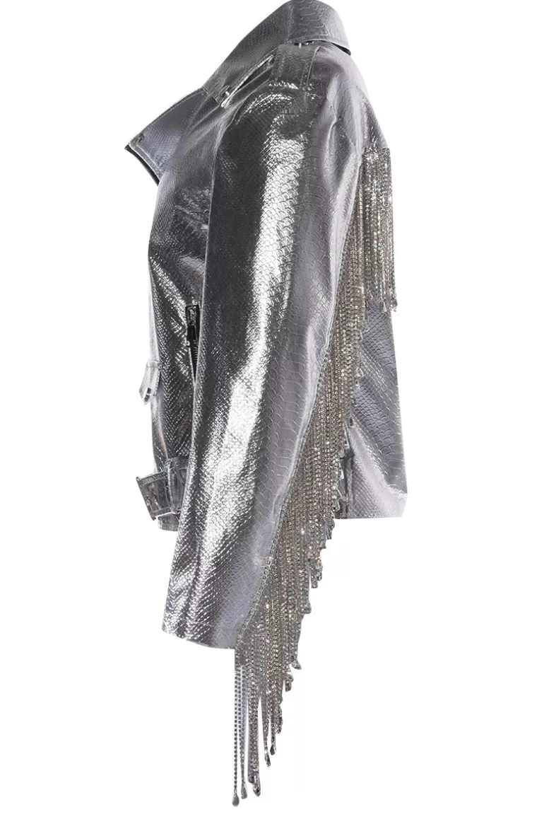 Women AZALEA WANG Space-Case Crystal Fringe Moto Jacket